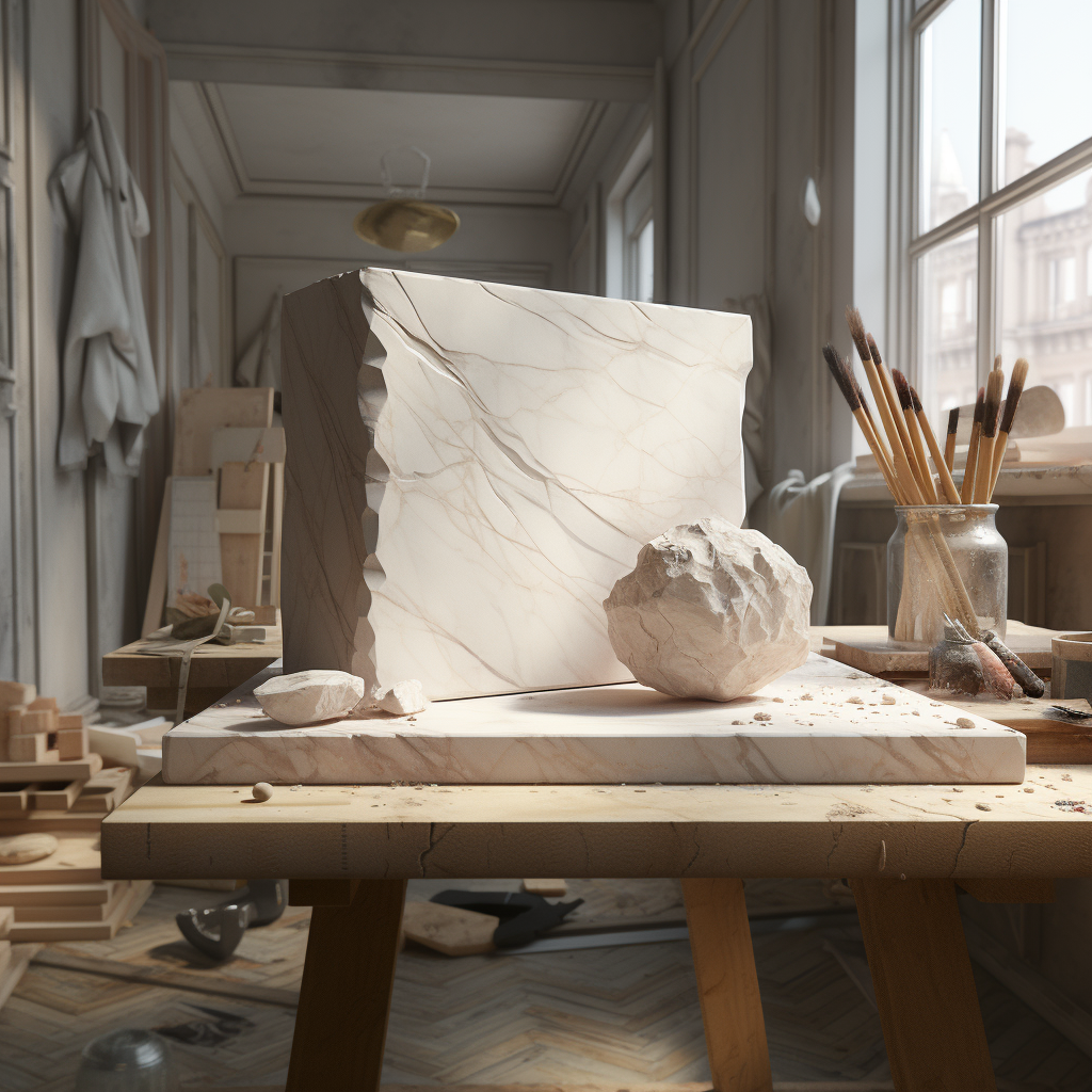 "0": "white marble block is on the table”