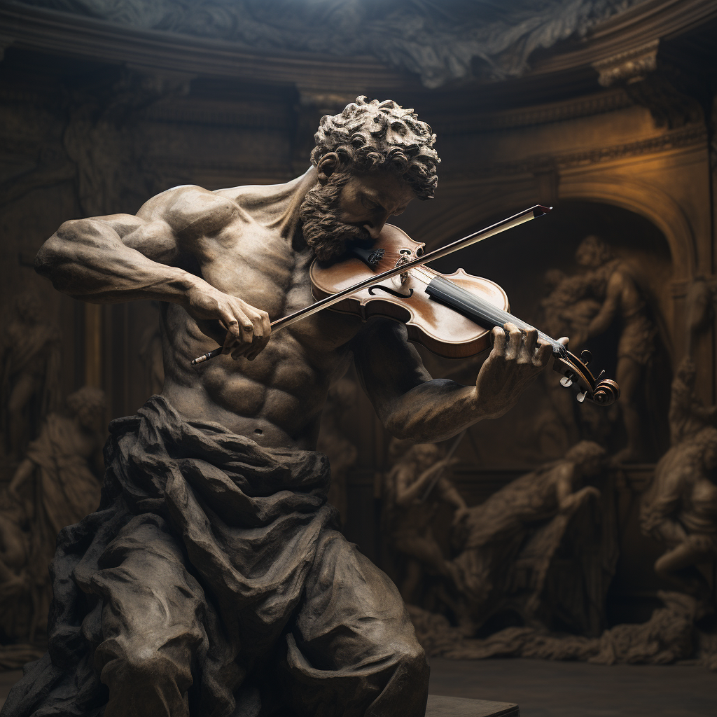 "60": "A white statue is playing the violin"